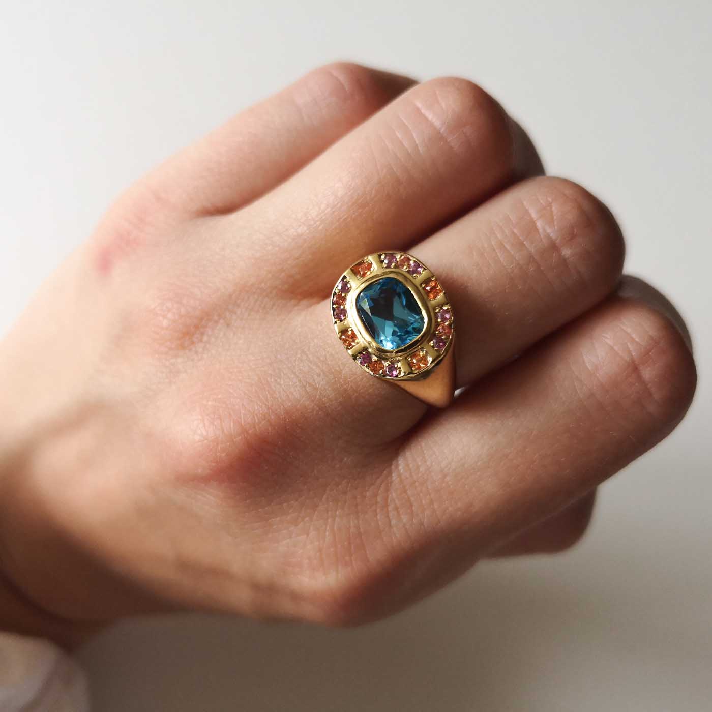 Sunray Halo Signet Ring in 14ct Gold and Gemstones